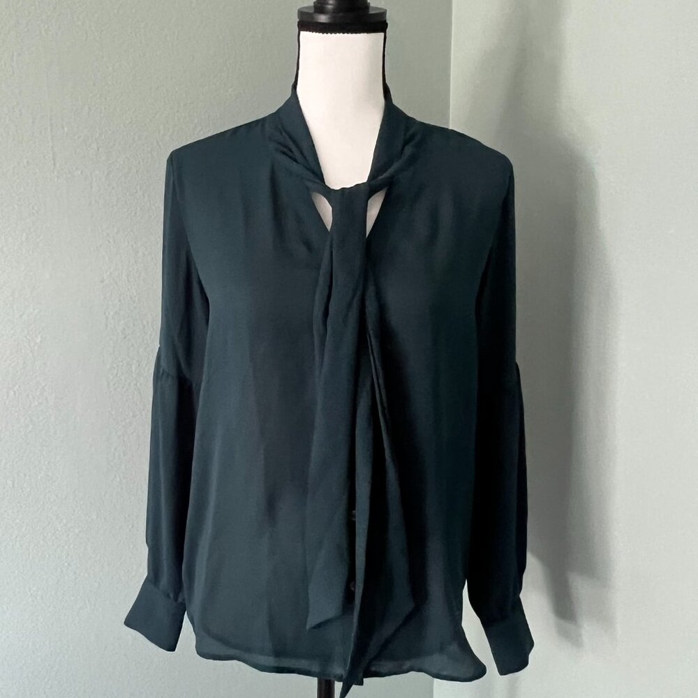 NWT LOFT Long Sleeve Dark Green Button Down Chiffon Blouse, Size XS